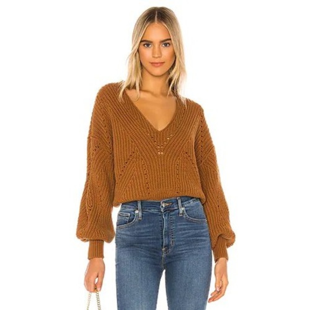 Free People All Day Long V Sweater in Brown Size Medium Cozy Boho Knit